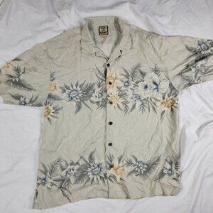 Tommy Bahama Mens Large Beige Short Sleeve Floral Hawaiian Shirt Casual Beach
